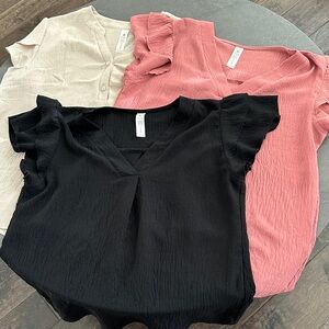 Women’s Flutter Sleeve V-Neck Top - Black, Pink, Cream